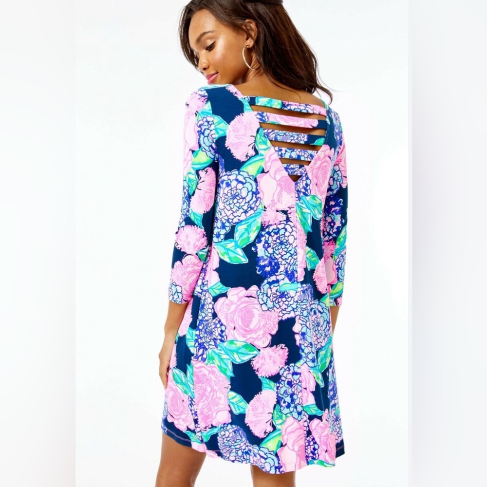 LILLY PULITZER OPHELIA Swing Dress Floral High Tide Navy Hey Hey Bouquet Sz:Med.
